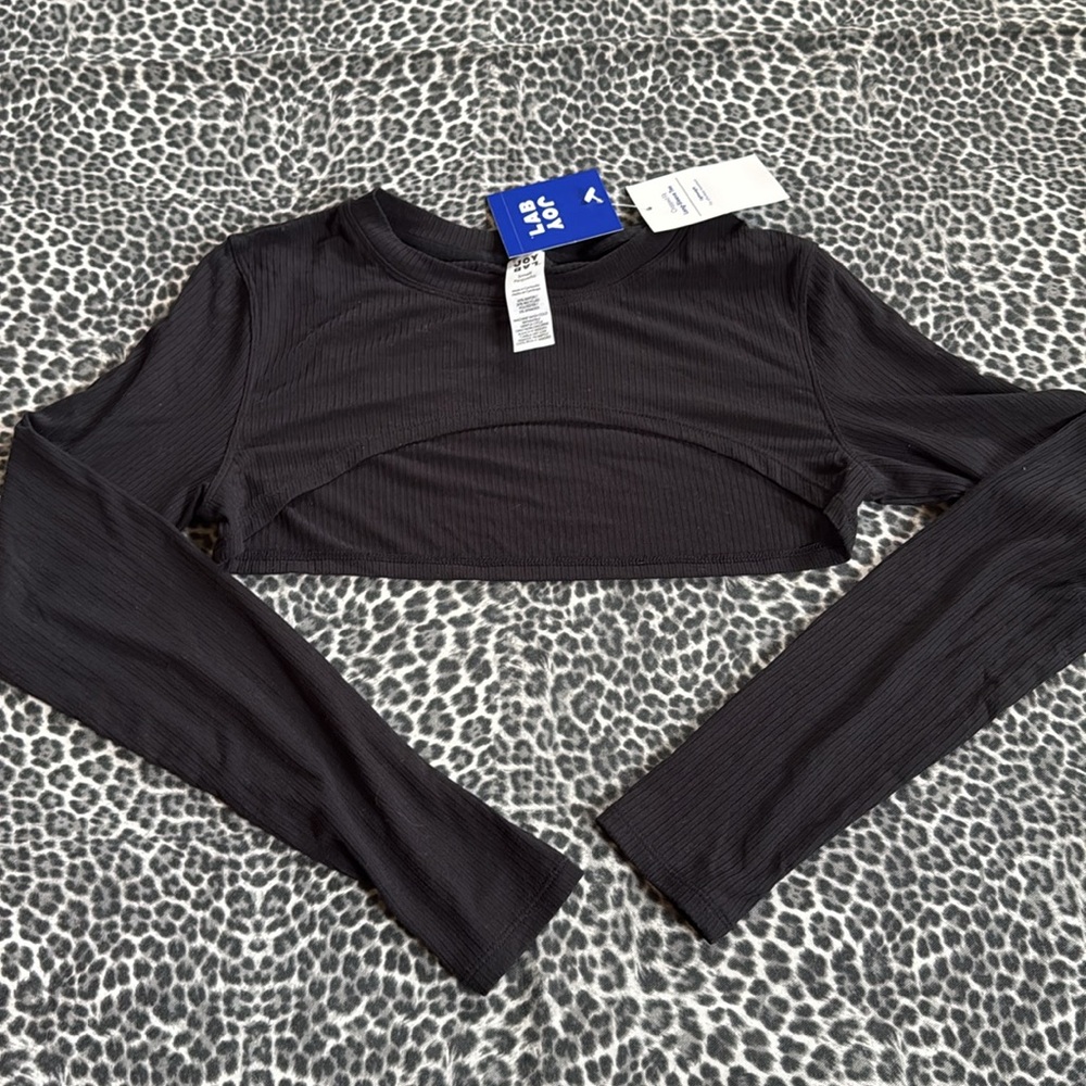 Joy Lab Pink Black Ribbed Long Sleeve Crop Shrug Athletic Top NWT - Picture 4 of 5